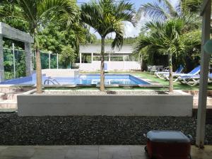 圣安德烈斯卡萨阁楼酒店的一个拥有两棵棕榈树和手提箱的游泳池