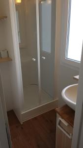 ČezsočaSimonai Mobile Homes的浴室设有玻璃淋浴间,位于水槽旁