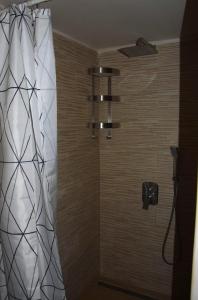乔保克Orchidea Apartman的带淋浴和浴帘的浴室