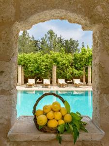 法萨诺马塞里亚马尔萨罗萨酒店的坐在游泳池旁的一篮柠檬