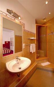 汉堡普罗伊斯达姆图帕莱斯酒店的一间带水槽、淋浴和镜子的浴室