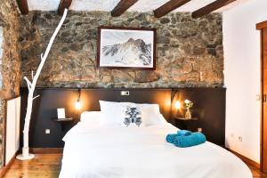 安道尔城思科德森旅馆的一间卧室设有一张大床和石墙