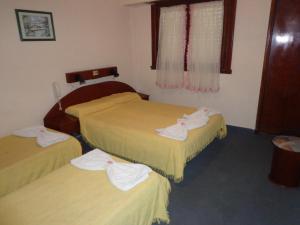 阿肖海Hotel Shelter的酒店客房,配有三张床和毛巾
