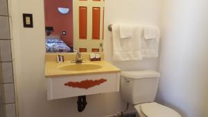 唐尼Deluxe Motel, Los Angeles Area的一间带水槽、卫生间和镜子的浴室