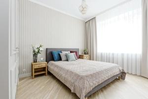 里加Ausekla Deluxe Apartment的白色的卧室设有床和大窗户