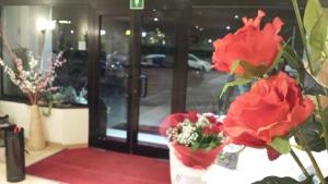 文蒂米利亚普旺萨酒店的门前有红玫瑰花的花瓶
