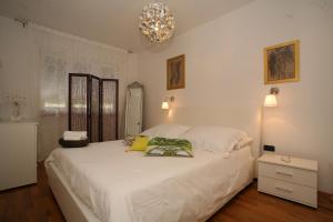 特罗吉尔Domus Apartments的卧室配有一张白色大床和吊灯。