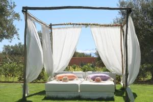 马拉喀什Villa Kristy的田野的一张床位,配有天蓬和窗帘