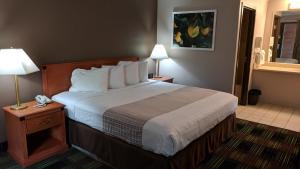 桑达斯基南岸酒店的酒店客房,配有一张床和两盏灯