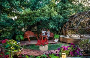 埃米瑞姆树林中的Spa - 阿米灵住宿加早餐旅馆的两个女人坐在花园里的长椅上