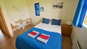 霍芬Dynjandi Guesthouse的卧室配有蓝色和白色的床和2个红色枕头