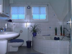 NiedensteinFewo "Habichtswald"的带浴缸、卫生间和盥洗盆的浴室