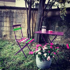 卡西诺B&B Parini的桌子、椅子、桌子和一盆鲜花