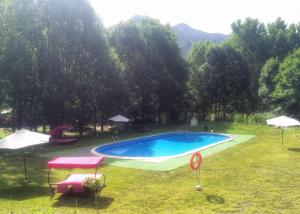 利亚沃尔西Camping Aigües Braves的一座大游泳池,位于一个树木繁茂的庭院内