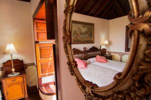 Monte de BreñaFinca Arminda的一间卧室配有镜子和一张带粉红色枕头的床