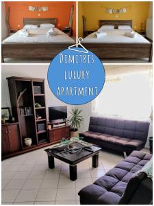 克拉默特Dimitris Luxury Apartment的带沙发和咖啡桌的客厅
