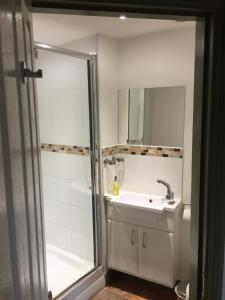韦尔斯The George Inn的白色的浴室设有水槽和淋浴。