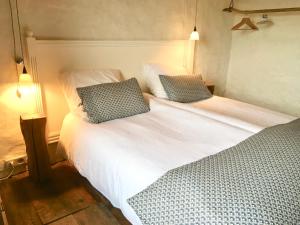 TrévigninLe pré aux clercs的一间卧室配有两张带白色床单和蓝色枕头的床。