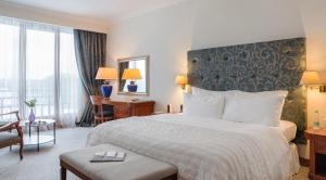 EžeraičiaiVilnius Grand Resort的配有一张床和一张书桌的酒店客房