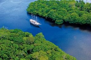 马瑙斯MV Desafio的河中小船的空中景观