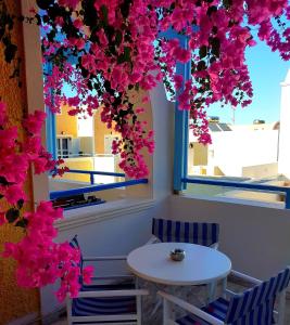 卡马利宙斯酒店的粉红色花房里的一张桌子和椅子