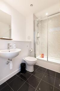 爱丁堡Stylish Garden View Apartment的一间带水槽、卫生间和淋浴的浴室