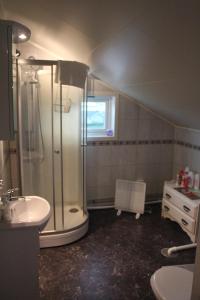 伊温斯科尔1 Room in The Yellow House, close to Airport & Lofoten的带淋浴和盥洗盆的浴室