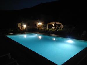 MeggianoAgriturismo Tre Monti的夜间大型蓝色游泳池