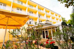 巴拉顿城堡Solaris Hotel的前面有雨伞和鲜花的酒店