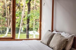 阿斯高Botanique Goa的一间卧室设有窗户和一张带枕头的床。