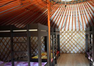 齐尔茨Bakonyi Camping的蒙古包内带两张双层床的客房