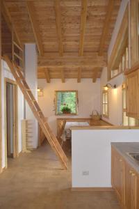 摩德纳迪-坎皮格里奥Chalet Brenta Dolomites的一间带木制天花板和楼梯的大厨房