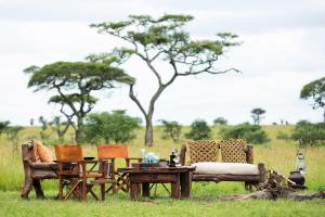 巴纳吉Pumzika Luxury Safari Camp的草上一组椅子和一张桌子