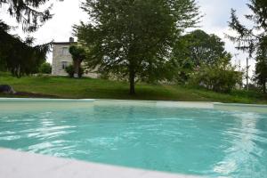 Penne-dʼAgenaisLe Manoir De Bonal的蓝色的海水游泳池,后面有房子