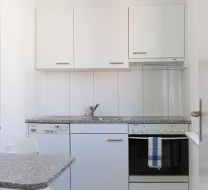 巴塞尔Apartment am Rhein的白色的厨房设有水槽和炉灶。