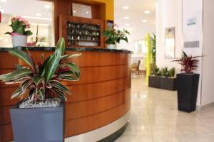 卡奥莱安杰洛酒店的大堂里种有盆栽植物,商店里有一个柜台