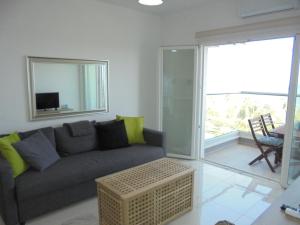 利马索尔Kermia Court - Beach-front, modern 2 bedroom -sleeps 6的客厅配有灰色的沙发和桌子