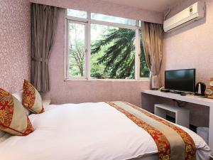 乌来乌来驿站的一间卧室配有一张带窗户的床和一台电视