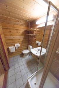 杜姆奥斯Dombås Hostel的木制浴室设有卫生间和水槽