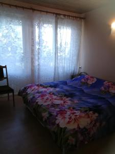 泰尔韦泰乌帕玛里酒店的一张床上,床上有鲜花,有蓝色的毯子