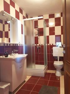 波弗加纳Apartmani "Bodulo"的带淋浴、卫生间和盥洗盆的浴室