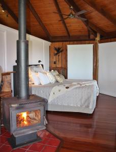 云加布拉群坎山克拉特酒店的卧室在床前配有燃木炉