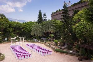 香港挪亚方舟度假酒店的花园里的一排粉色和白色的椅子