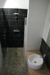 Lézigné乐陪赖斯酒店的浴室设有卫生间和黑色瓷砖淋浴。