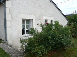 MontsLa grange de Candé的白色的房子,有两扇窗户和灌木丛