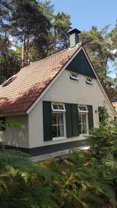 IJhorstwittebergen25的一座白色的小房子,拥有绿色的窗户和树木