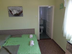 福纽德基拉伊公寓的一间卧室配有绿床和拖鞋