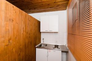 莫鲁纳特Villa Peragic的一间带木墙、水槽和柜台的厨房