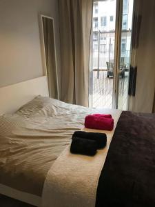 弗罗茨瓦夫Apartament nad Odrą z tarasem的一张带两条毛巾的床和窗户