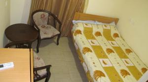 耶路撒冷棕榈旅馆的一间卧室配有一张床、一把椅子和一张桌子
